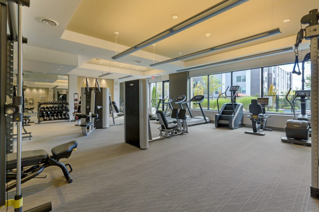 Fitness center with variety of weight machines, cardio machines, medicine balls and free weights