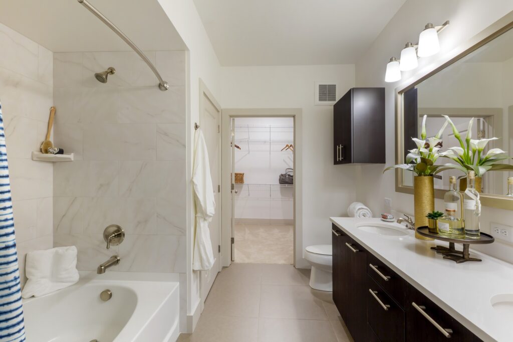 Bathroom with designer lighting, tub/shower, walk-in closet and vanity