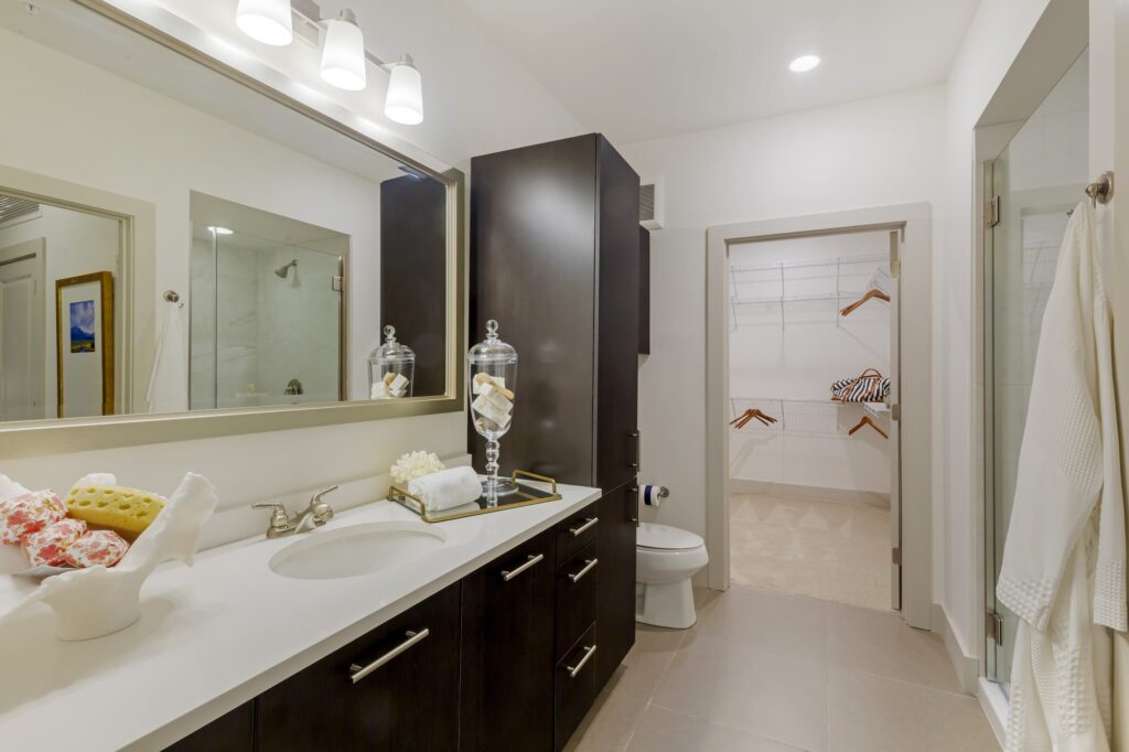 Bathroom with designer lighting, tub/shower, walk-in closet and vanity