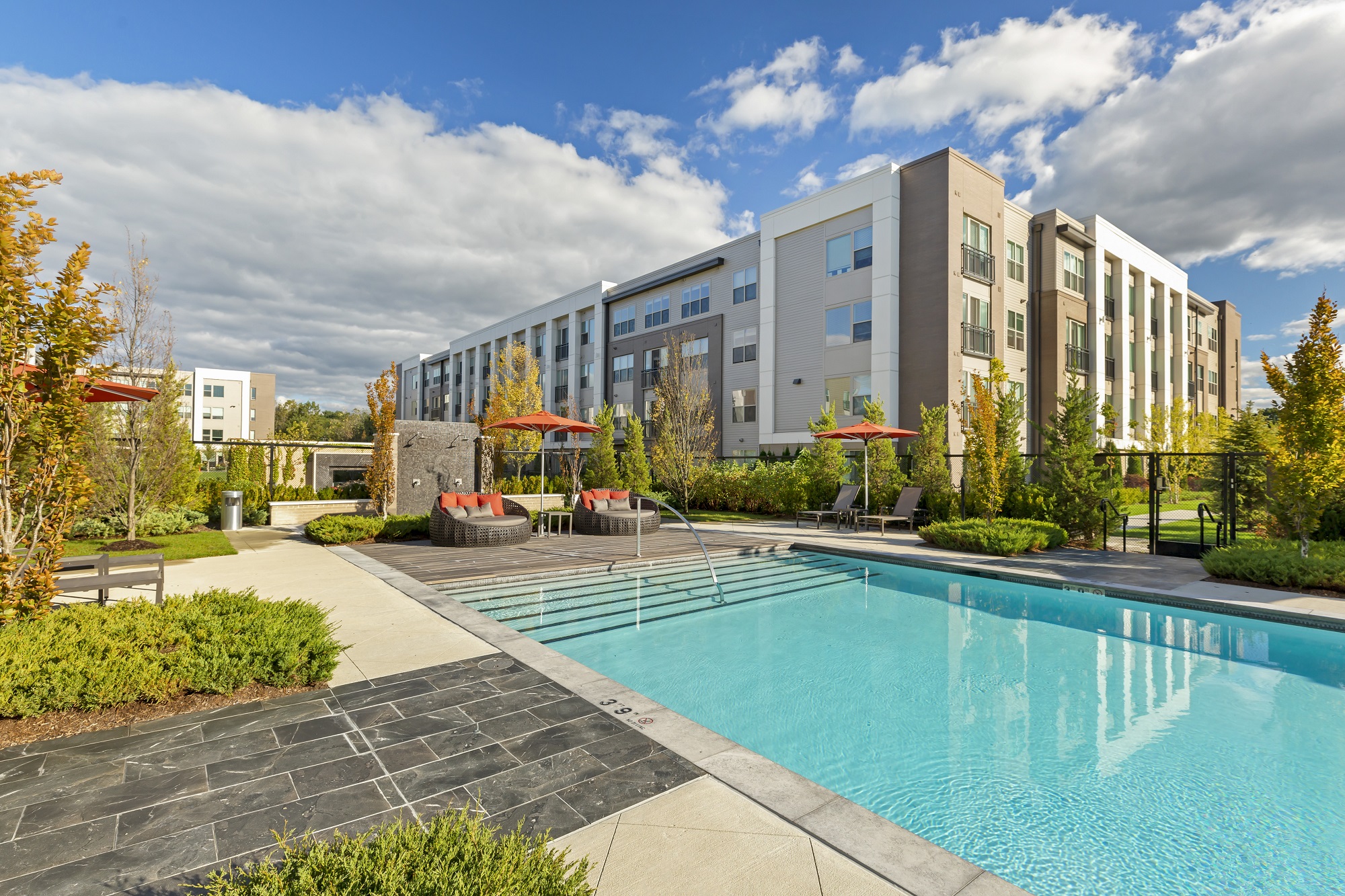 Afternoon shot of courtyard swimming pool with lounge seating and umbrellas